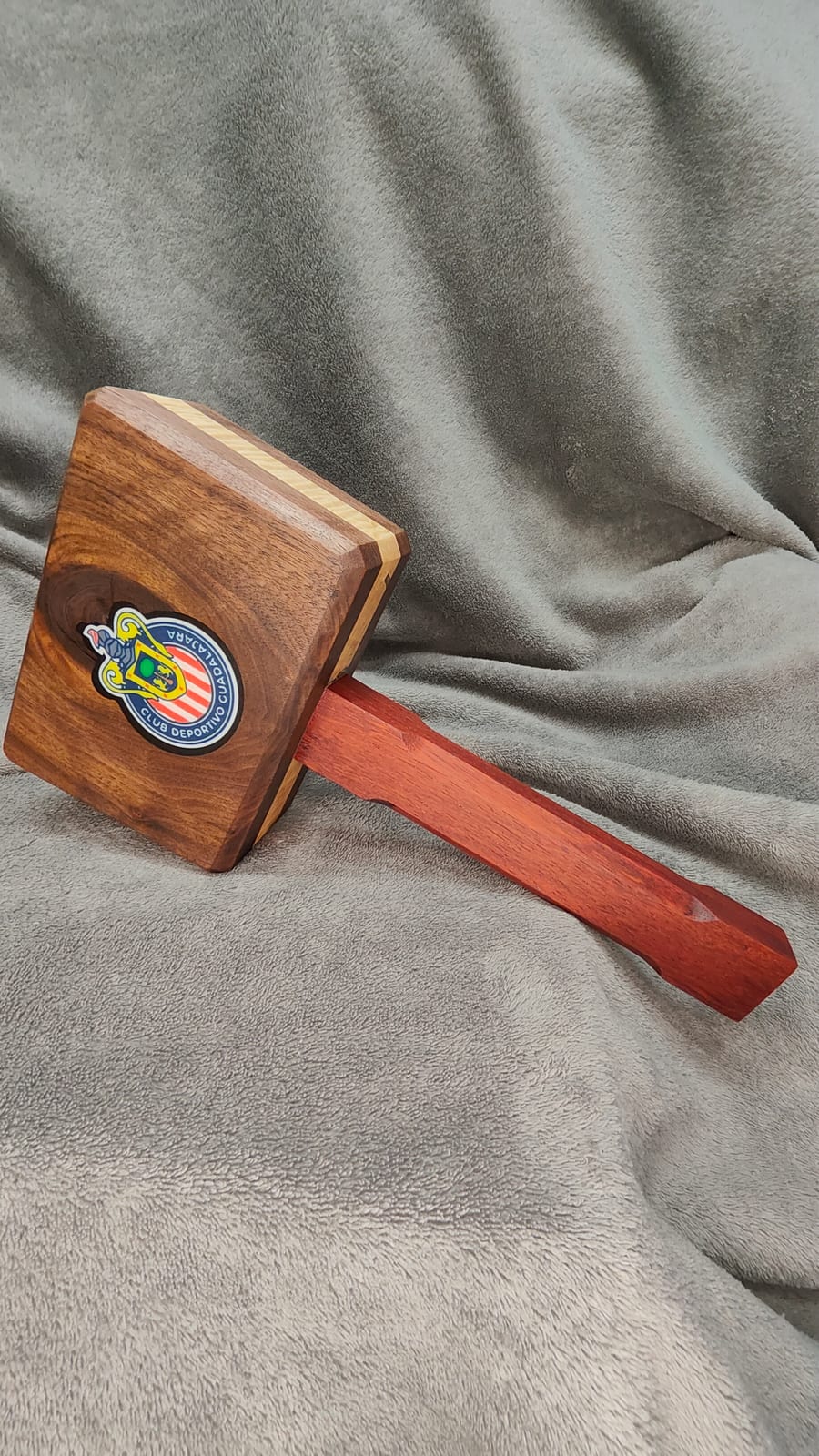 Custom Chivas and Mexico wooden mallet with warm hardwood tones