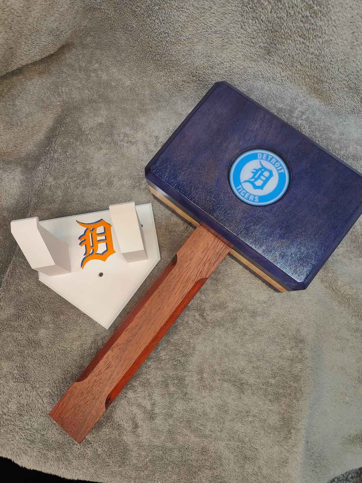 Detroit Tigers wooden mallet with navy and orange accents displayed on a work surface